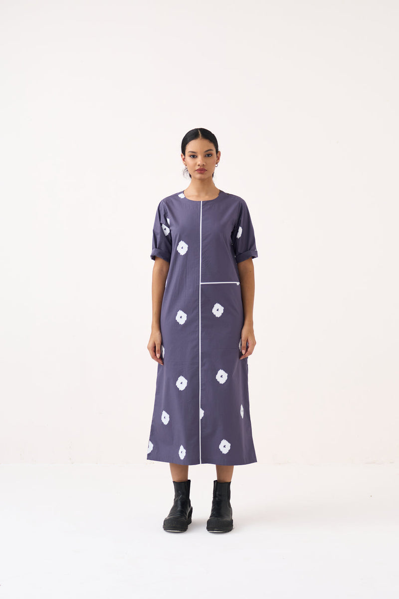 Block Print Back Pleat Dress-Ash Violet poplin dress by THREE in voilet for women in Singapore