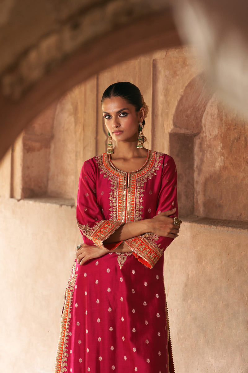 SUMAIRA - HOTPINK LONG KURTA WITH PALAZZO AND DUPATTA silk chanderi kurta/kurta set by SHEETAL BATRA in pink for women in Singapore