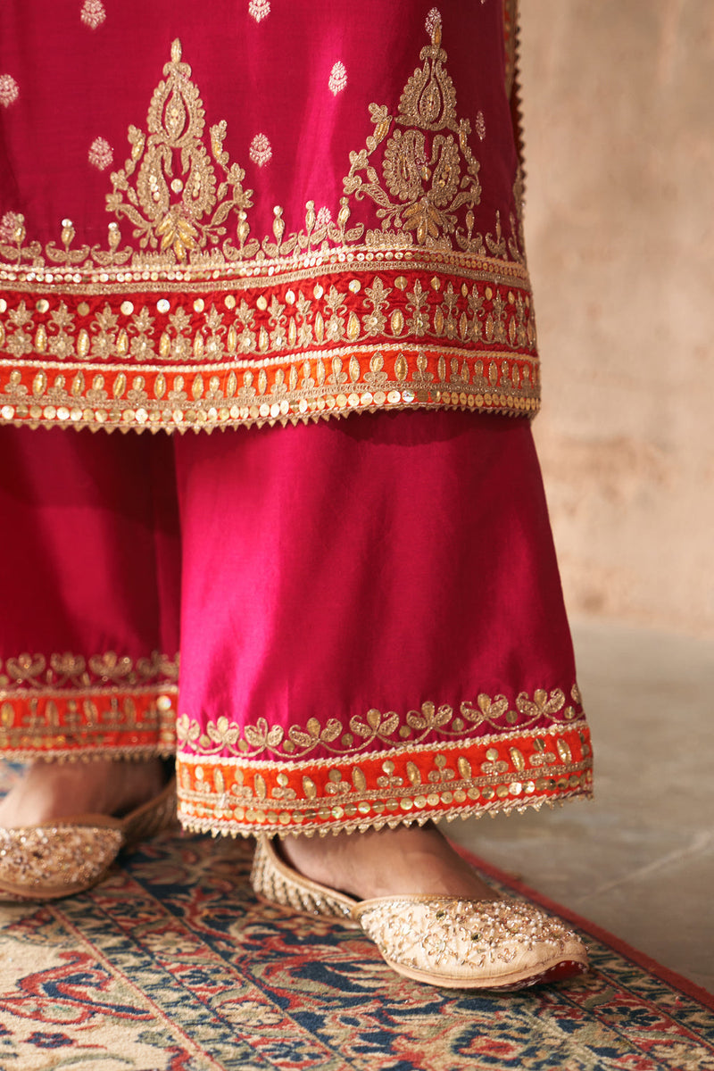 SUMAIRA - HOTPINK LONG KURTA WITH PALAZZO AND DUPATTA silk chanderi kurta/kurta set by SHEETAL BATRA in pink for women in Singapore