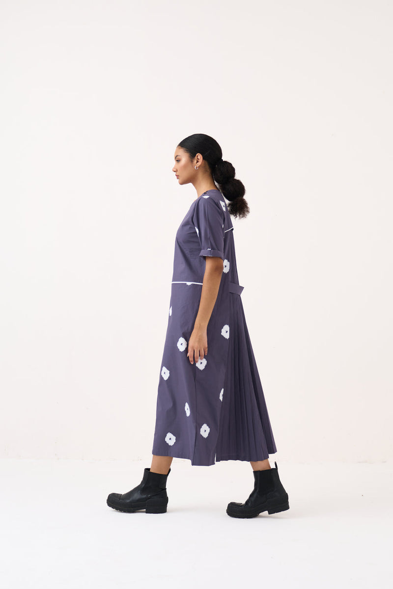 Block Print Back Pleat Dress-Ash Violet poplin dress by THREE in voilet for women in Singapore