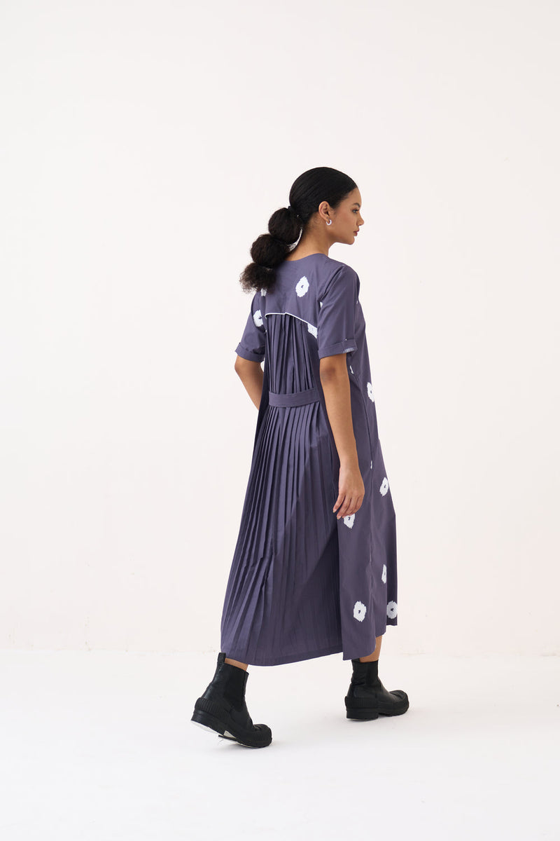 Block Print Back Pleat Dress-Ash Violet poplin dress by THREE in voilet for women in Singapore