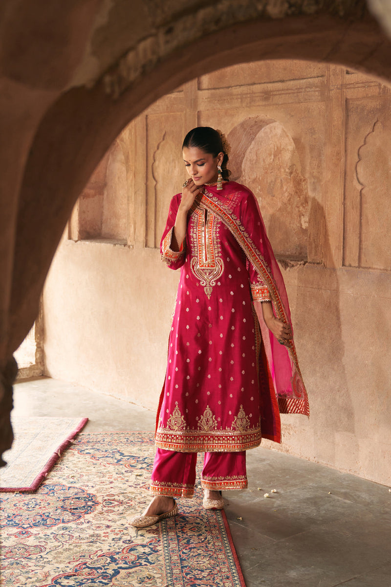 SUMAIRA - HOTPINK LONG KURTA WITH PALAZZO AND DUPATTA silk chanderi kurta/kurta set by SHEETAL BATRA in pink for women in Singapore
