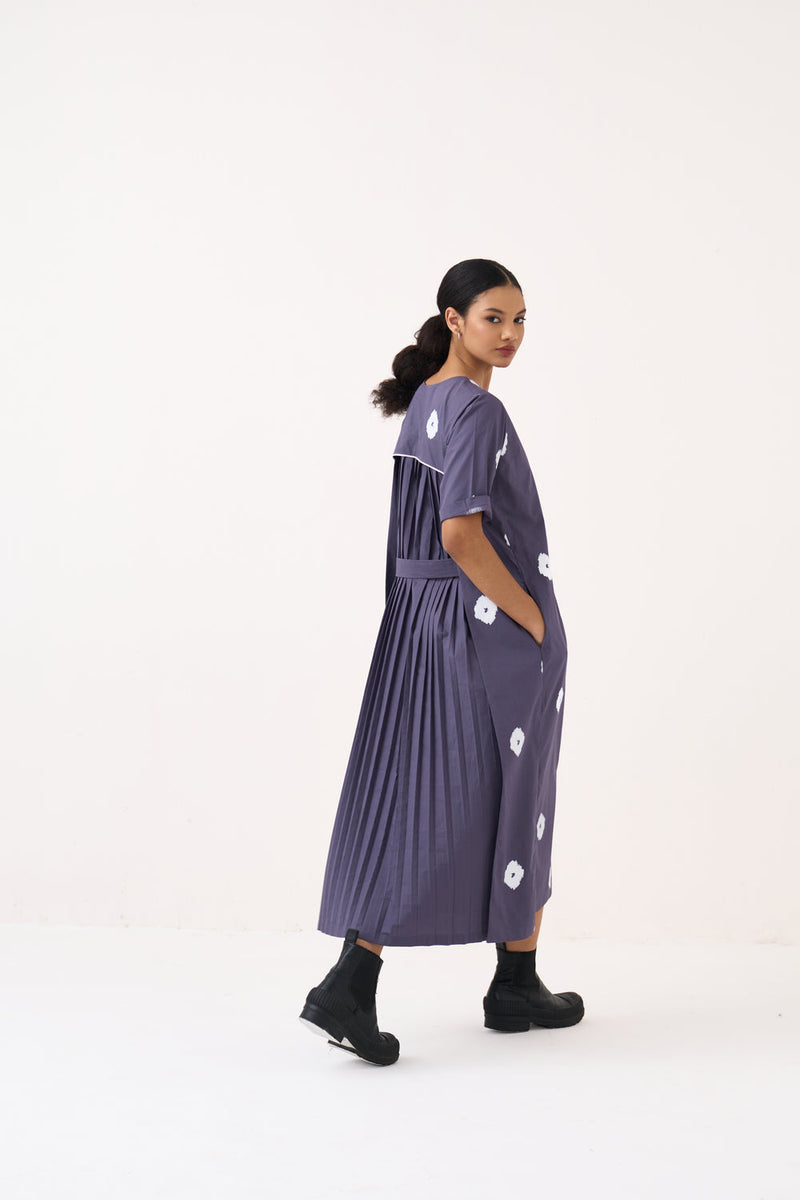 Block Print Back Pleat Dress-Ash Violet poplin dress by THREE in voilet for women in Singapore