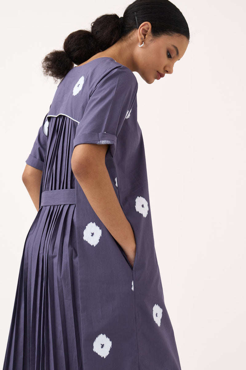 Block Print Back Pleat Dress-Ash Violet poplin dress by THREE in voilet for women in Singapore