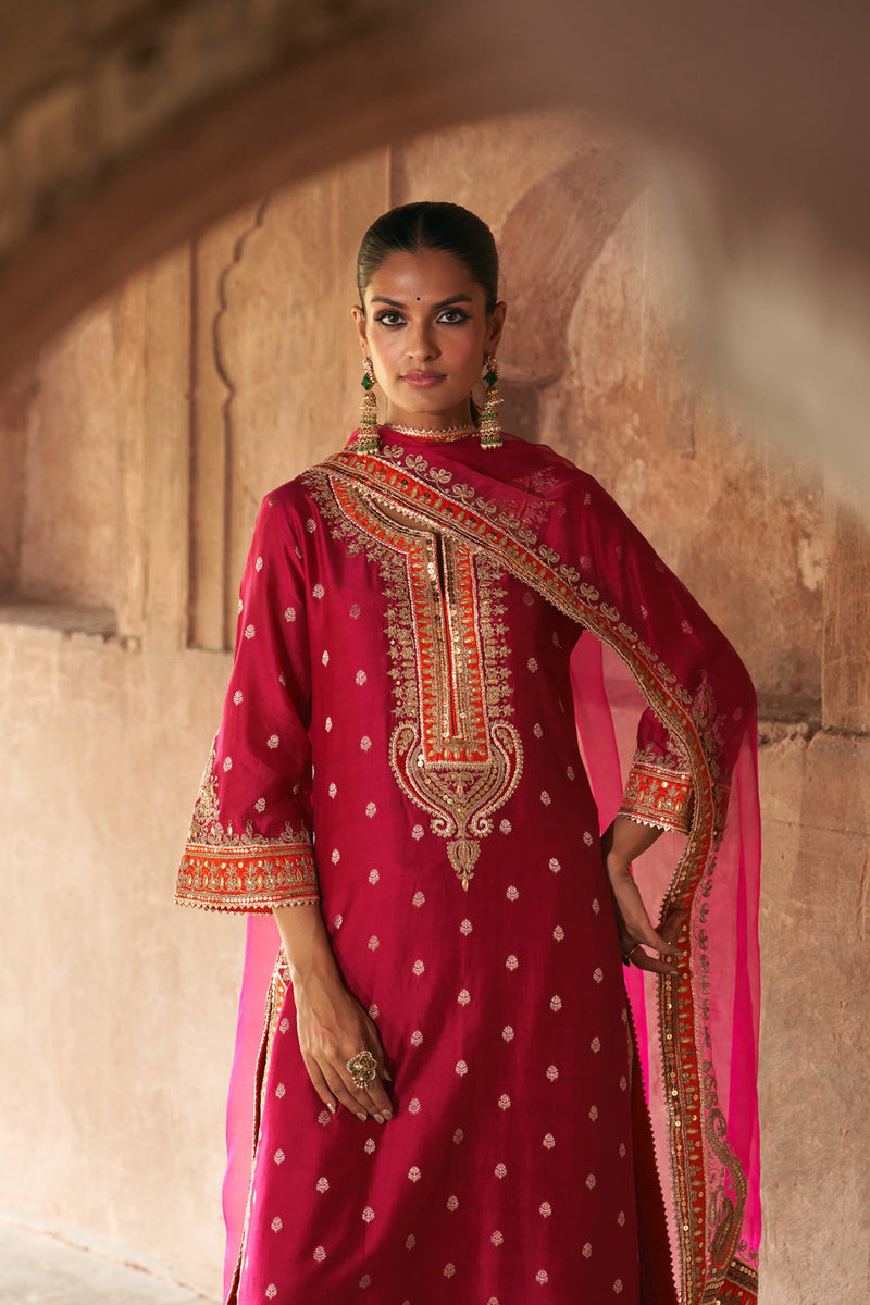 SUMAIRA - HOTPINK LONG KURTA WITH PALAZZO AND DUPATTA silk chanderi kurta/kurta set by SHEETAL BATRA in pink for women in Singapore