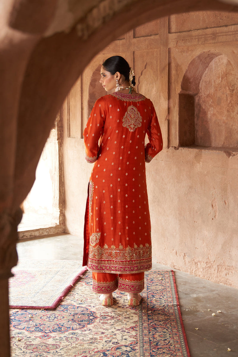 SOBIA - BURNT ORANGE LONG KURTA WITH PALAZZO AND DUPATTA silk chanderi kurta/kurta set by SHEETAL BATRA in orange for women in Singapore