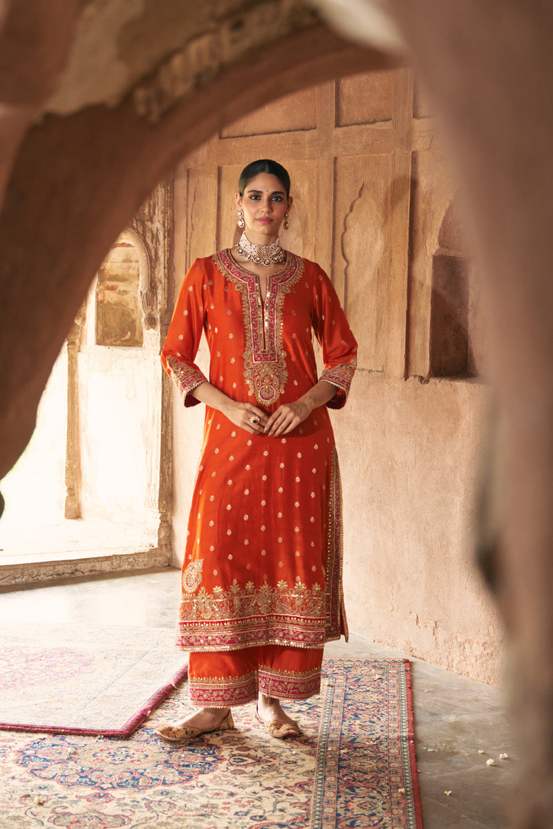 SOBIA - BURNT ORANGE LONG KURTA WITH PALAZZO AND DUPATTA silk chanderi kurta/kurta set by SHEETAL BATRA in orange for women in Singapore