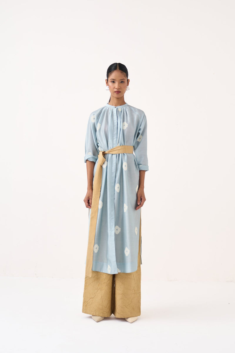 Block Print Gather Neck Shirt Co-Ord Set Of 2-Ice Blue & Light Sand chanderi co-ord set by THREE in ice blue for women in Singapore