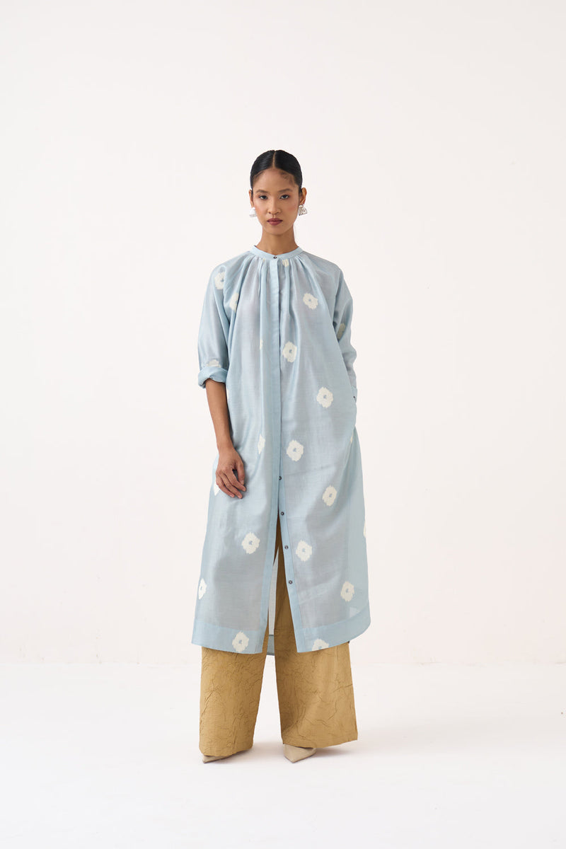 Block Print Gather Neck Shirt Co-Ord Set Of 2-Ice Blue & Light Sand chanderi co-ord set by THREE in ice blue for women in Singapore