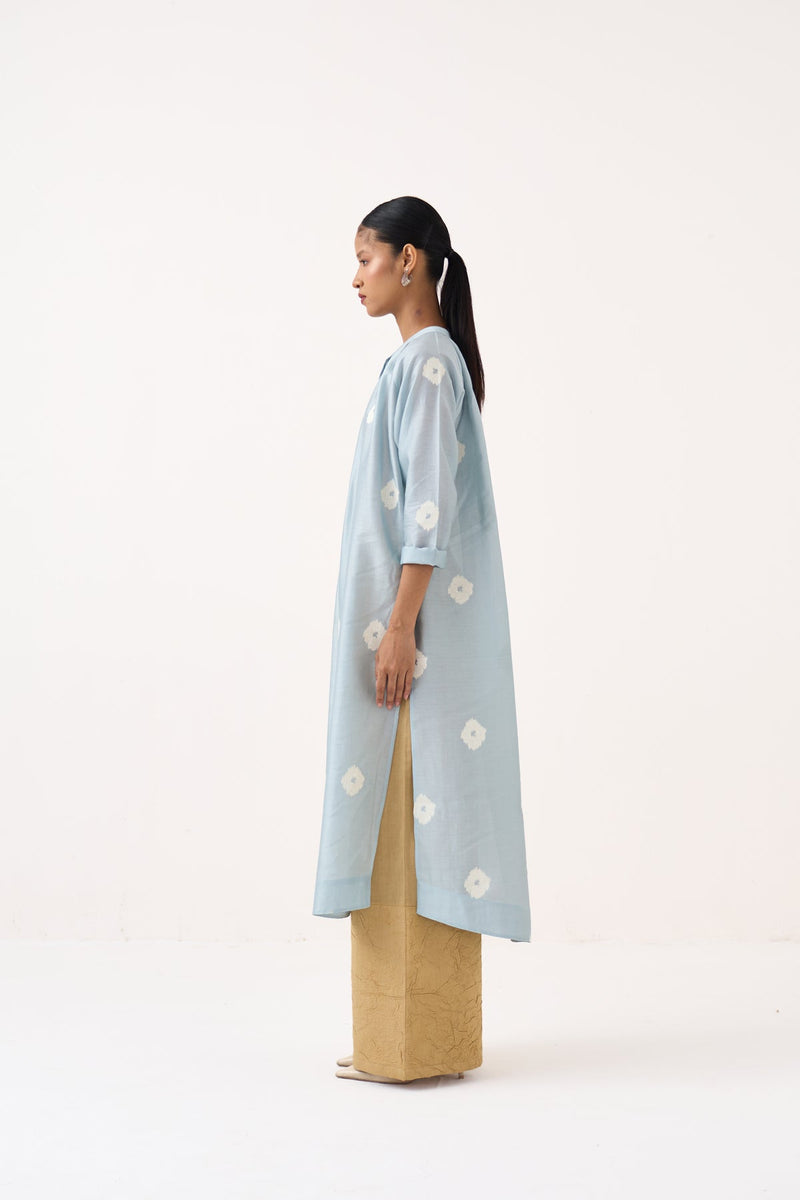 Block Print Gather Neck Shirt Co-Ord Set Of 2-Ice Blue & Light Sand chanderi co-ord set by THREE in ice blue for women in Singapore