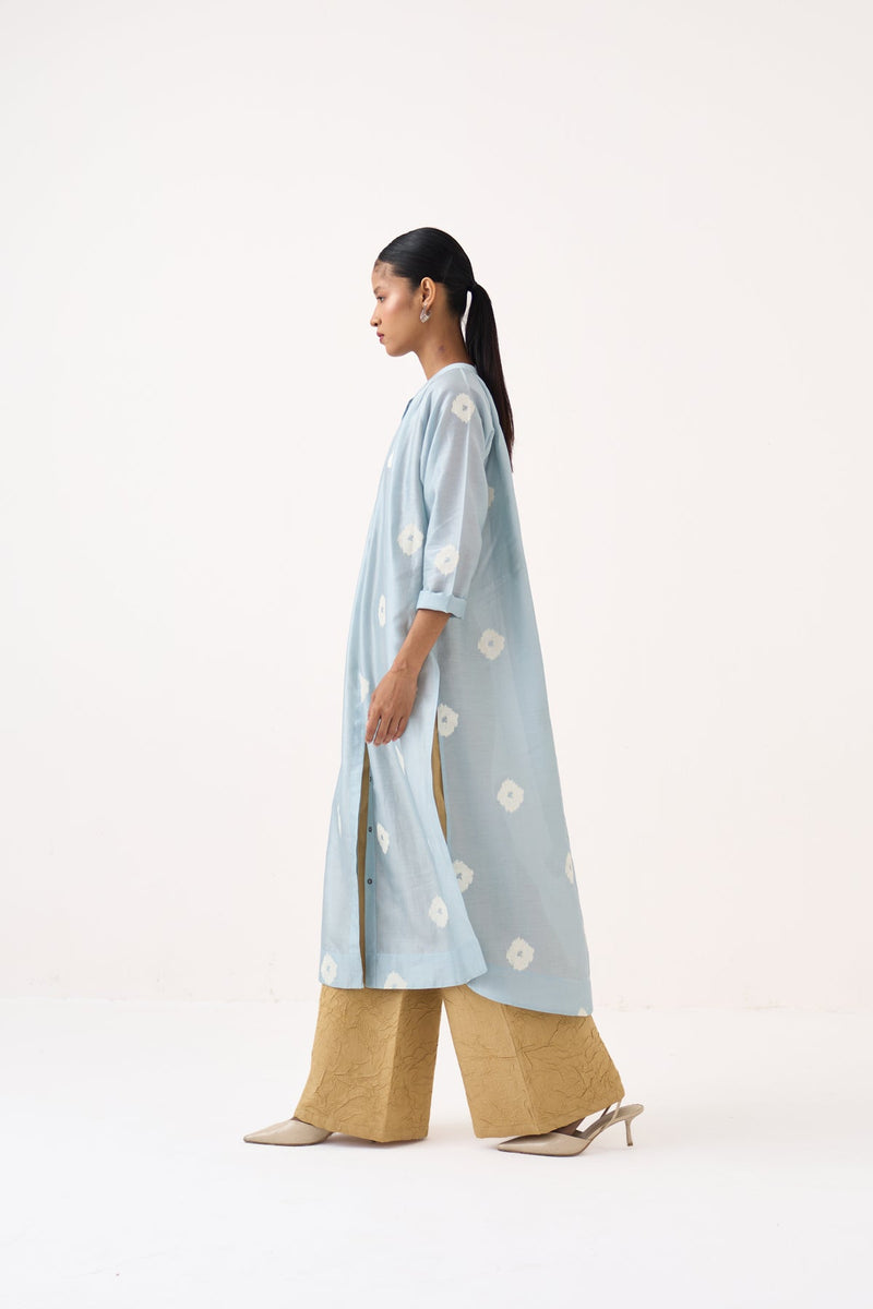 Block Print Gather Neck Shirt Co-Ord Set Of 2-Ice Blue & Light Sand chanderi co-ord set by THREE in ice blue for women in Singapore