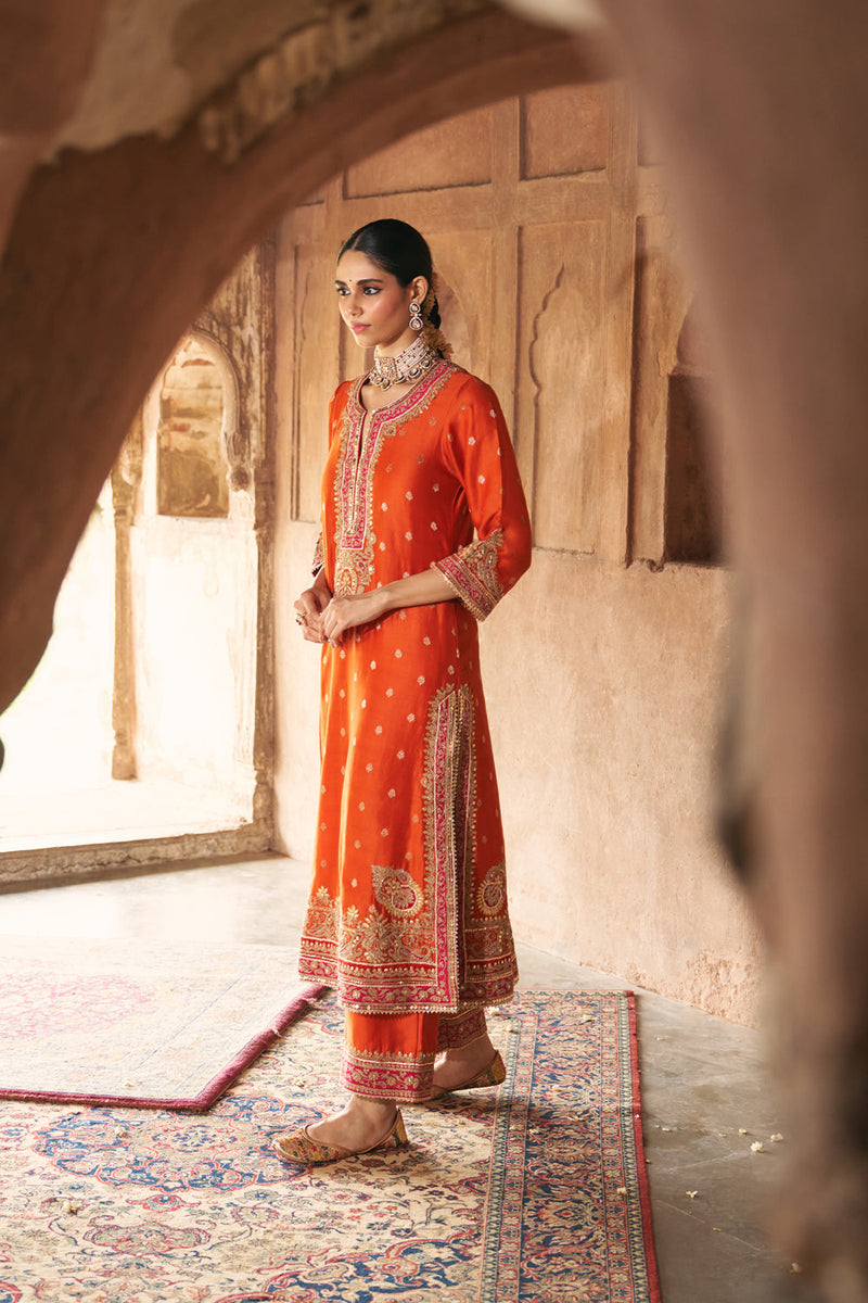 SOBIA - BURNT ORANGE LONG KURTA WITH PALAZZO AND DUPATTA silk chanderi kurta/kurta set by SHEETAL BATRA in orange for women in Singapore