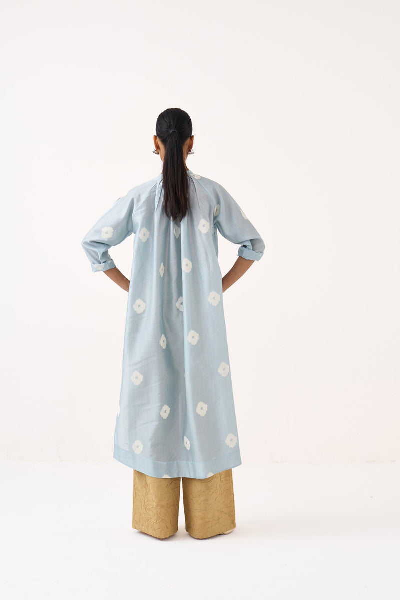 Block Print Gather Neck Shirt Co-Ord Set Of 2-Ice Blue & Light Sand chanderi co-ord set by THREE in ice blue for women in Singapore