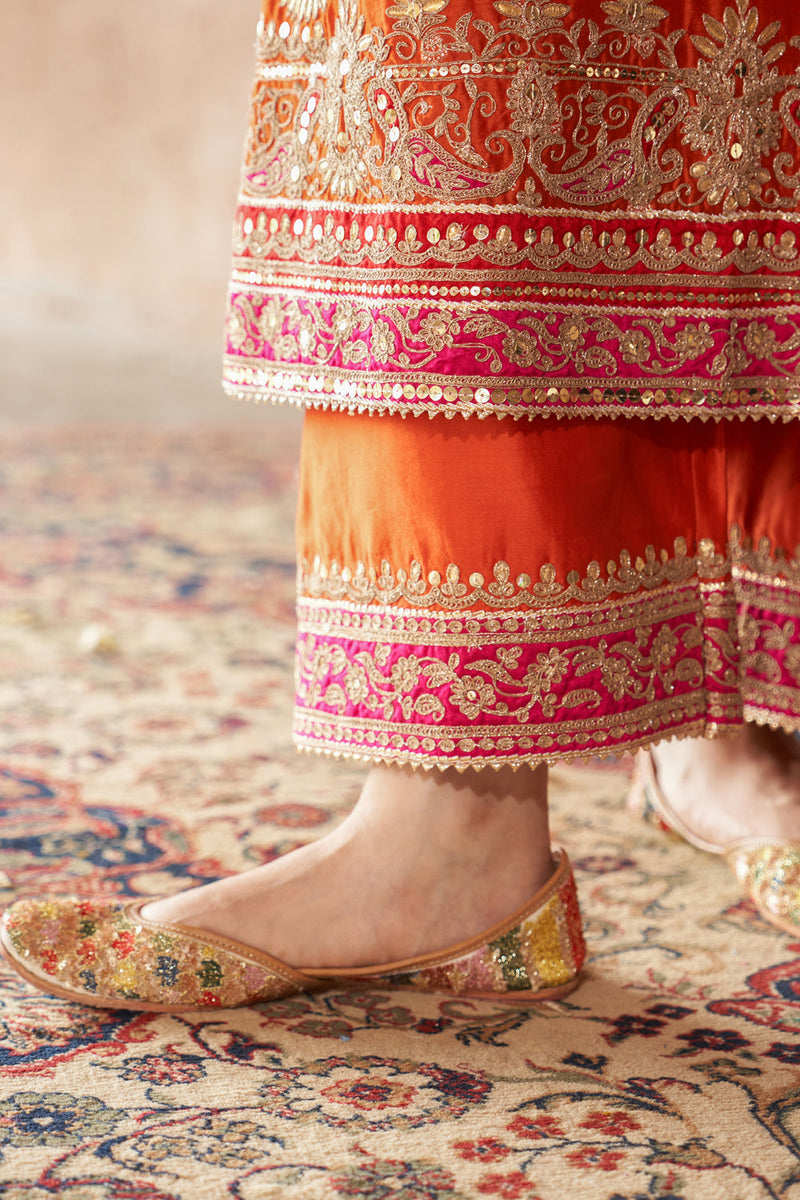 SOBIA - BURNT ORANGE LONG KURTA WITH PALAZZO AND DUPATTA silk chanderi kurta/kurta set by SHEETAL BATRA in orange for women in Singapore