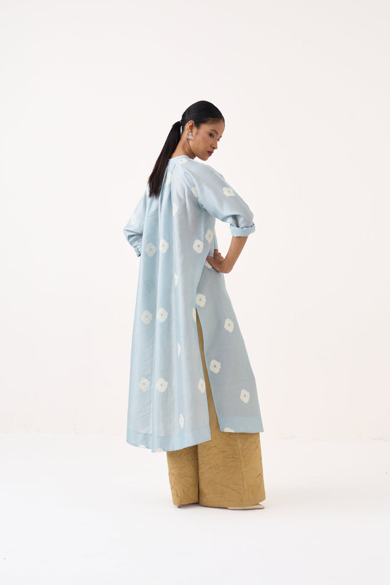 Block Print Gather Neck Shirt Co-Ord Set Of 2-Ice Blue & Light Sand chanderi co-ord set by THREE in ice blue for women in Singapore