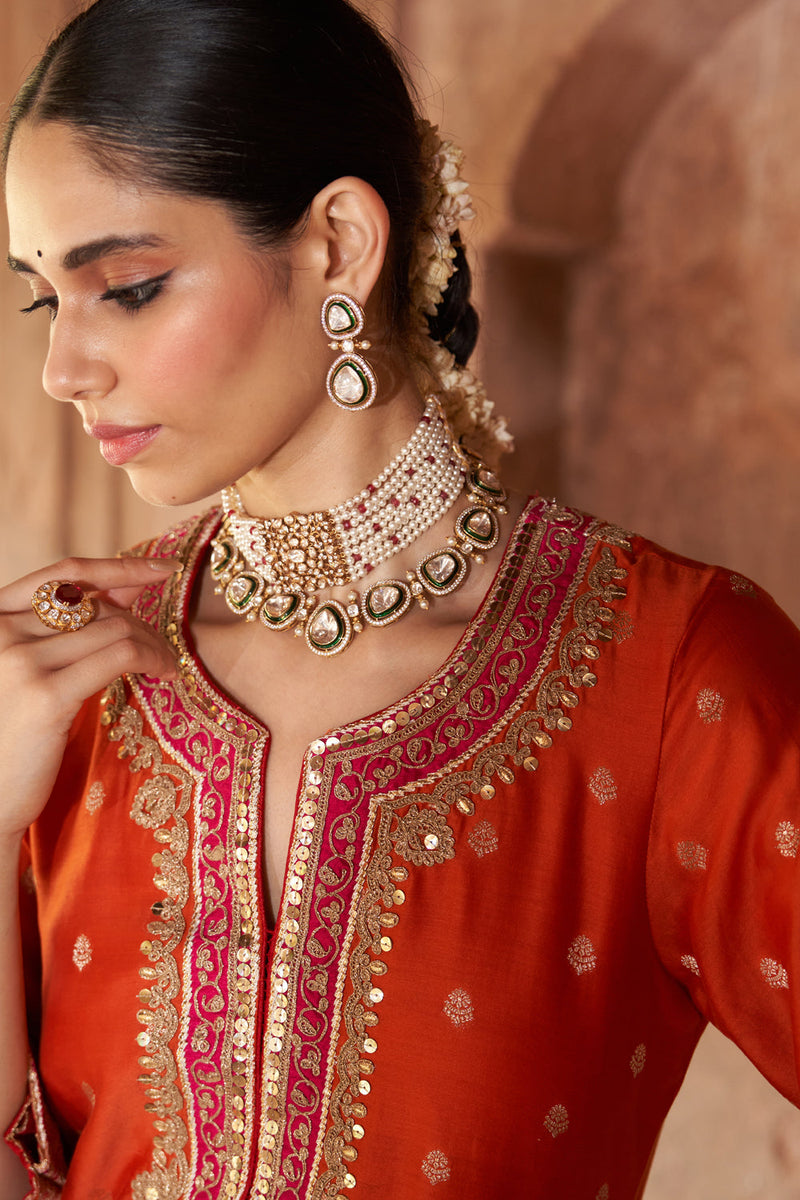 SOBIA - BURNT ORANGE LONG KURTA WITH PALAZZO AND DUPATTA silk chanderi kurta/kurta set by SHEETAL BATRA in orange for women in Singapore