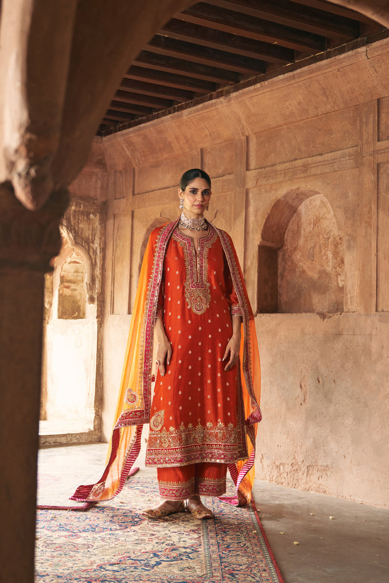 SOBIA - BURNT ORANGE LONG KURTA WITH PALAZZO AND DUPATTA silk chanderi kurta/kurta set by SHEETAL BATRA in orange for women in Singapore