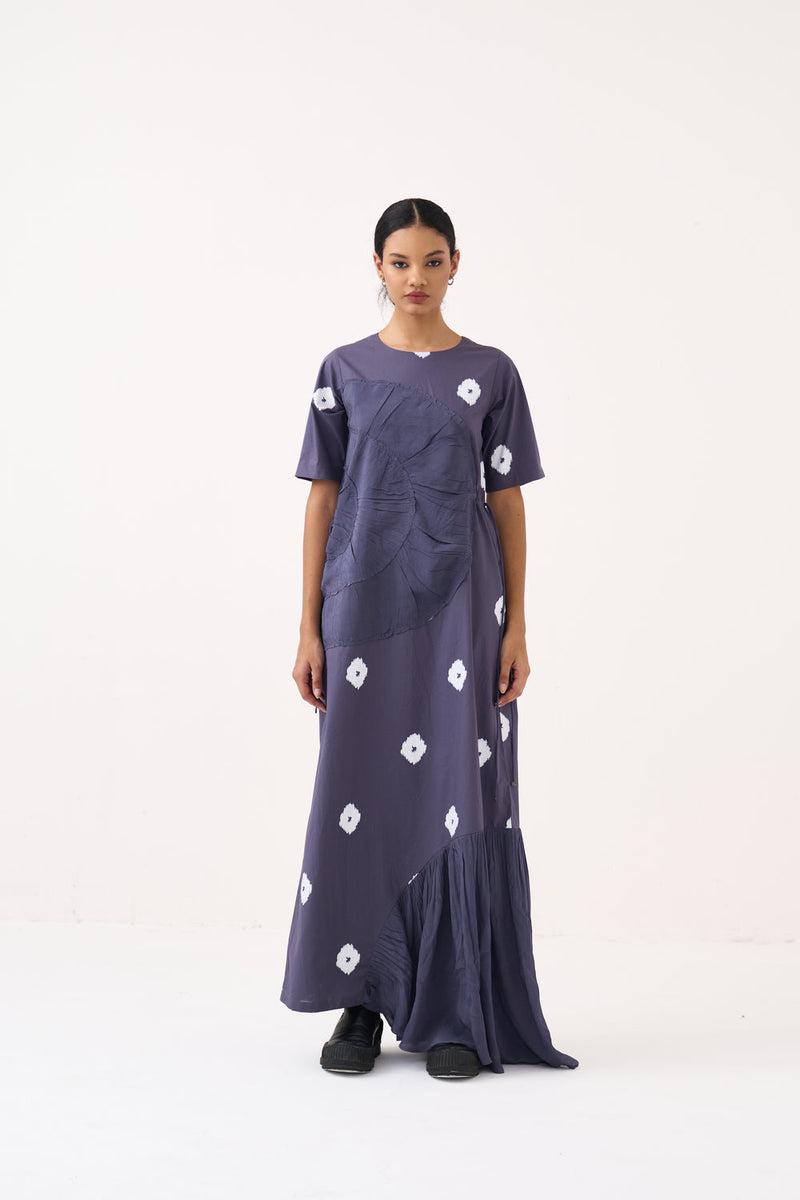 Block Print Multi Drawstring Dress-Ash Violet poplin, silk crepe dress by THREE in voilet for women in Singapore