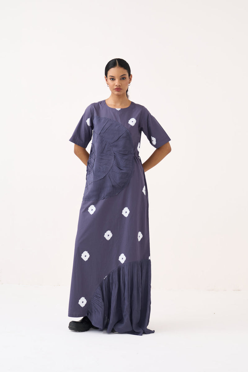 Block Print Multi Drawstring Dress-Ash Violet poplin, silk crepe dress by THREE in voilet for women in Singapore