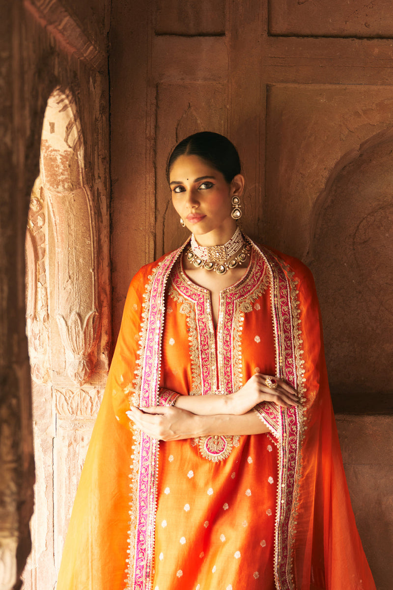 SOBIA - BURNT ORANGE LONG KURTA WITH PALAZZO AND DUPATTA silk chanderi kurta/kurta set by SHEETAL BATRA in orange for women in Singapore