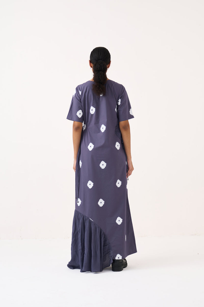 Block Print Multi Drawstring Dress-Ash Violet poplin, silk crepe dress by THREE in voilet for women in Singapore