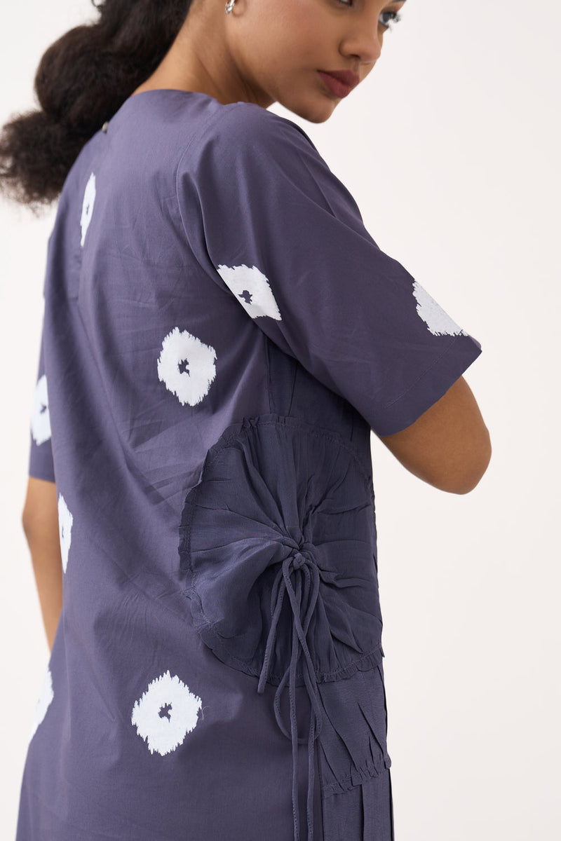 Block Print Multi Drawstring Dress-Ash Violet poplin, silk crepe dress by THREE in voilet for women in Singapore