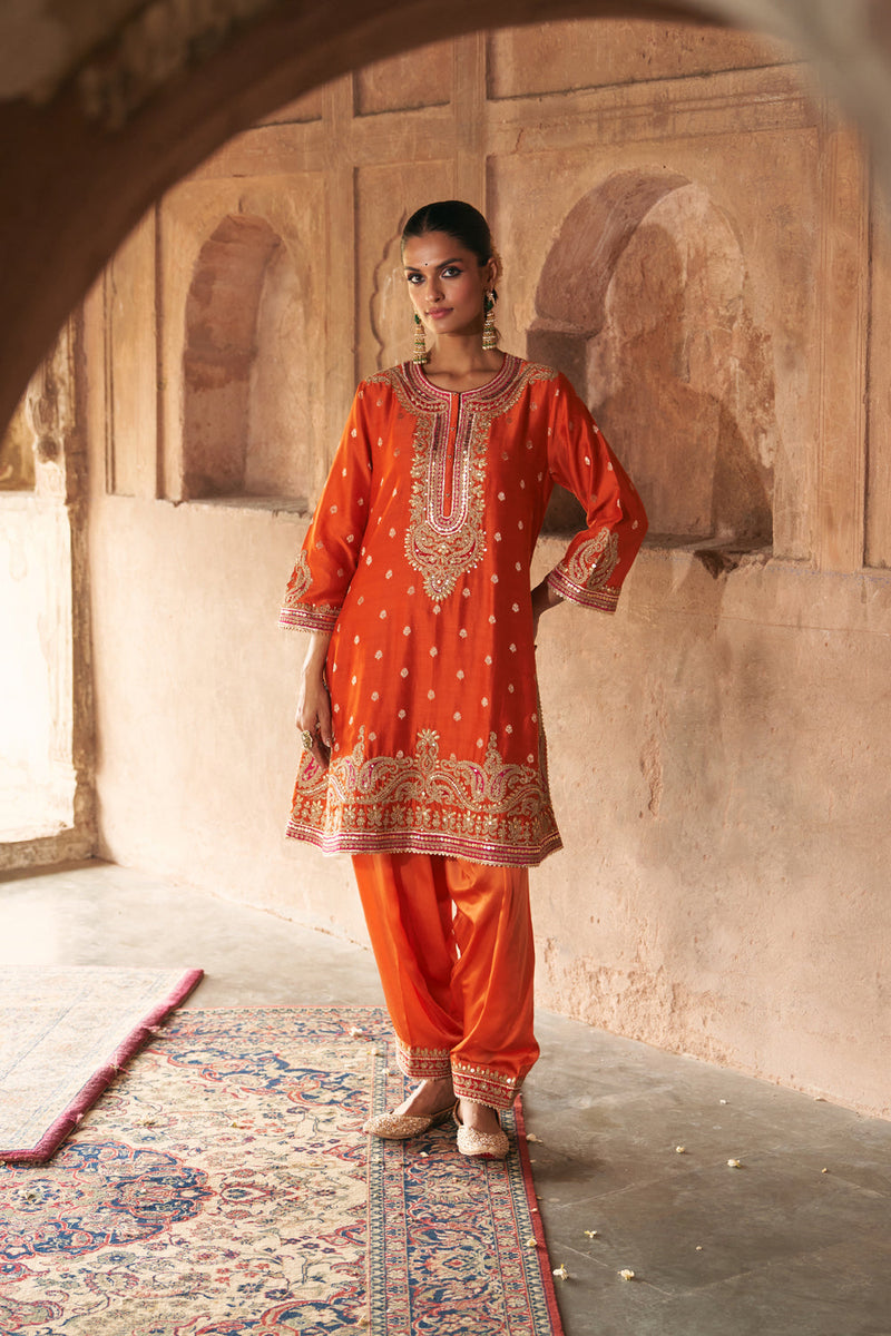 FARHANA - BURNT ORANGE SHORT KURTA WITH SALWAR AND DUPATTA chanderi silk kurta/kurta set by SHEETAL BATRA in orange for women in Singapore
