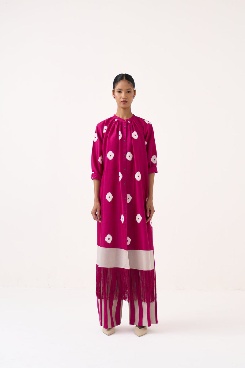 Block Print Fringe Gather Neck Shirt Co-Ord-Bright Berry chanderi, poplin co-ord set by THREE in pink for women in Singapore