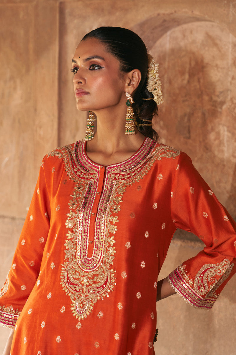 FARHANA - BURNT ORANGE SHORT KURTA WITH SALWAR AND DUPATTA chanderi silk kurta/kurta set by SHEETAL BATRA in orange for women in Singapore