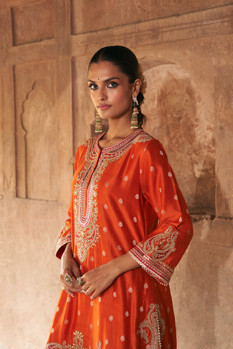 FARHANA - BURNT ORANGE SHORT KURTA WITH SALWAR AND DUPATTA chanderi silk kurta/kurta set by SHEETAL BATRA in orange for women in Singapore