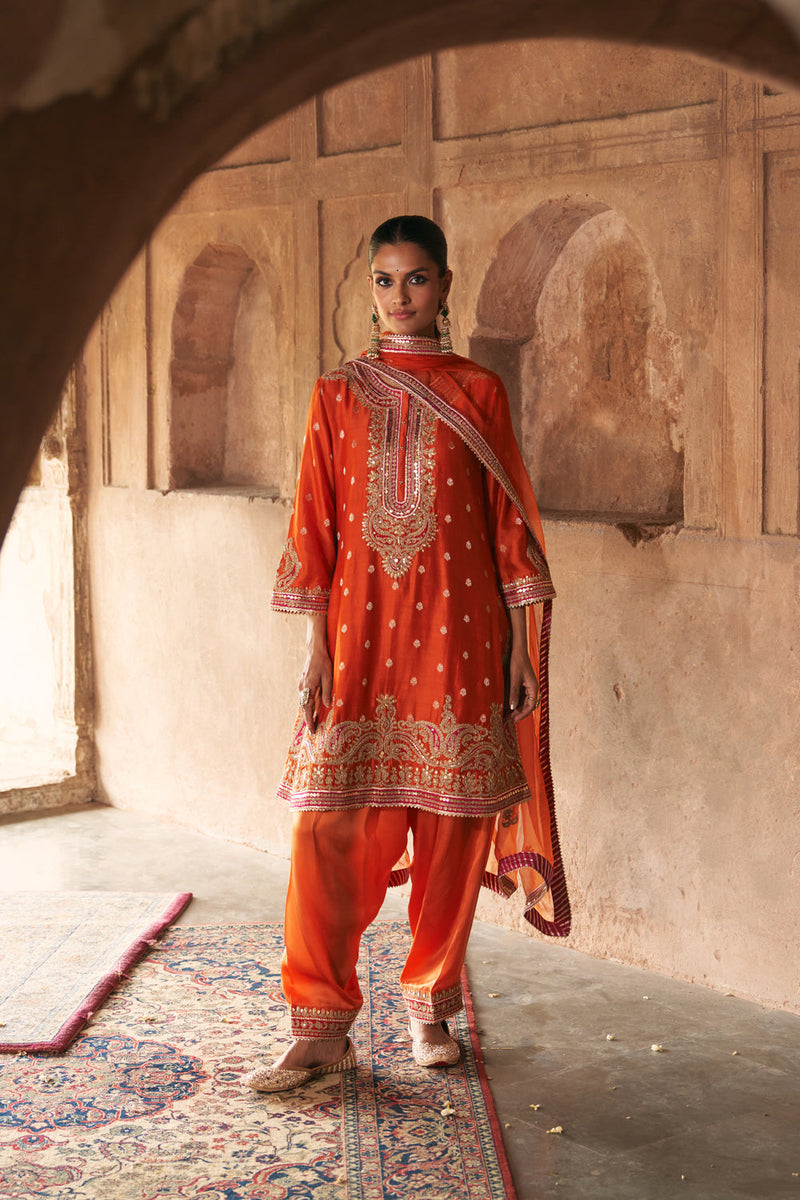 FARHANA - BURNT ORANGE SHORT KURTA WITH SALWAR AND DUPATTA chanderi silk kurta/kurta set by SHEETAL BATRA in orange for women in Singapore