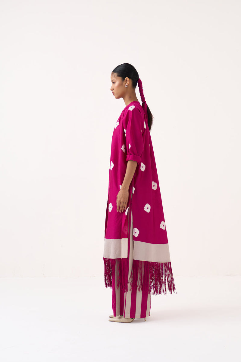 Block Print Fringe Gather Neck Shirt Co-Ord-Bright Berry chanderi, poplin co-ord set by THREE in pink for women in Singapore