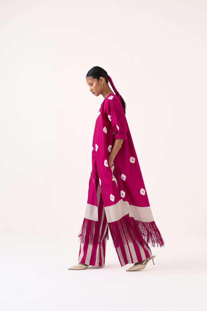 Block Print Fringe Gather Neck Shirt Co-Ord-Bright Berry chanderi, poplin co-ord set by THREE in pink for women in Singapore
