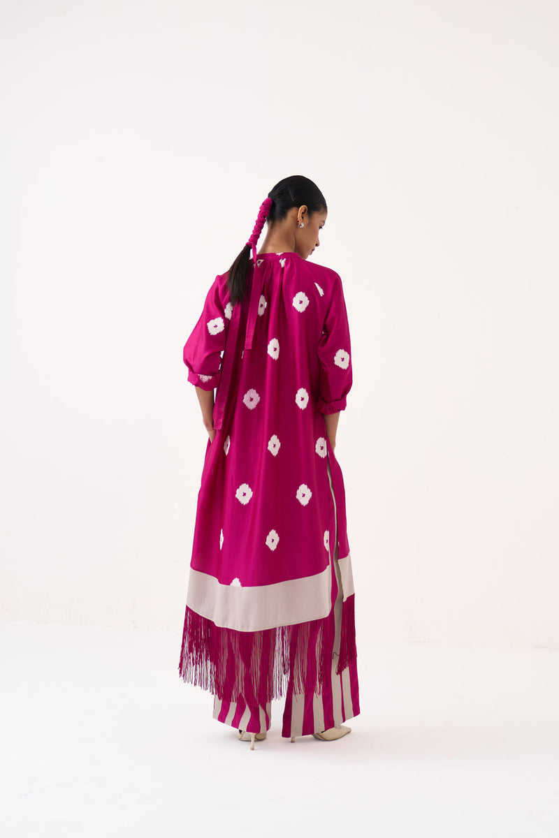 Block Print Fringe Gather Neck Shirt Co-Ord-Bright Berry chanderi, poplin co-ord set by THREE in pink for women in Singapore
