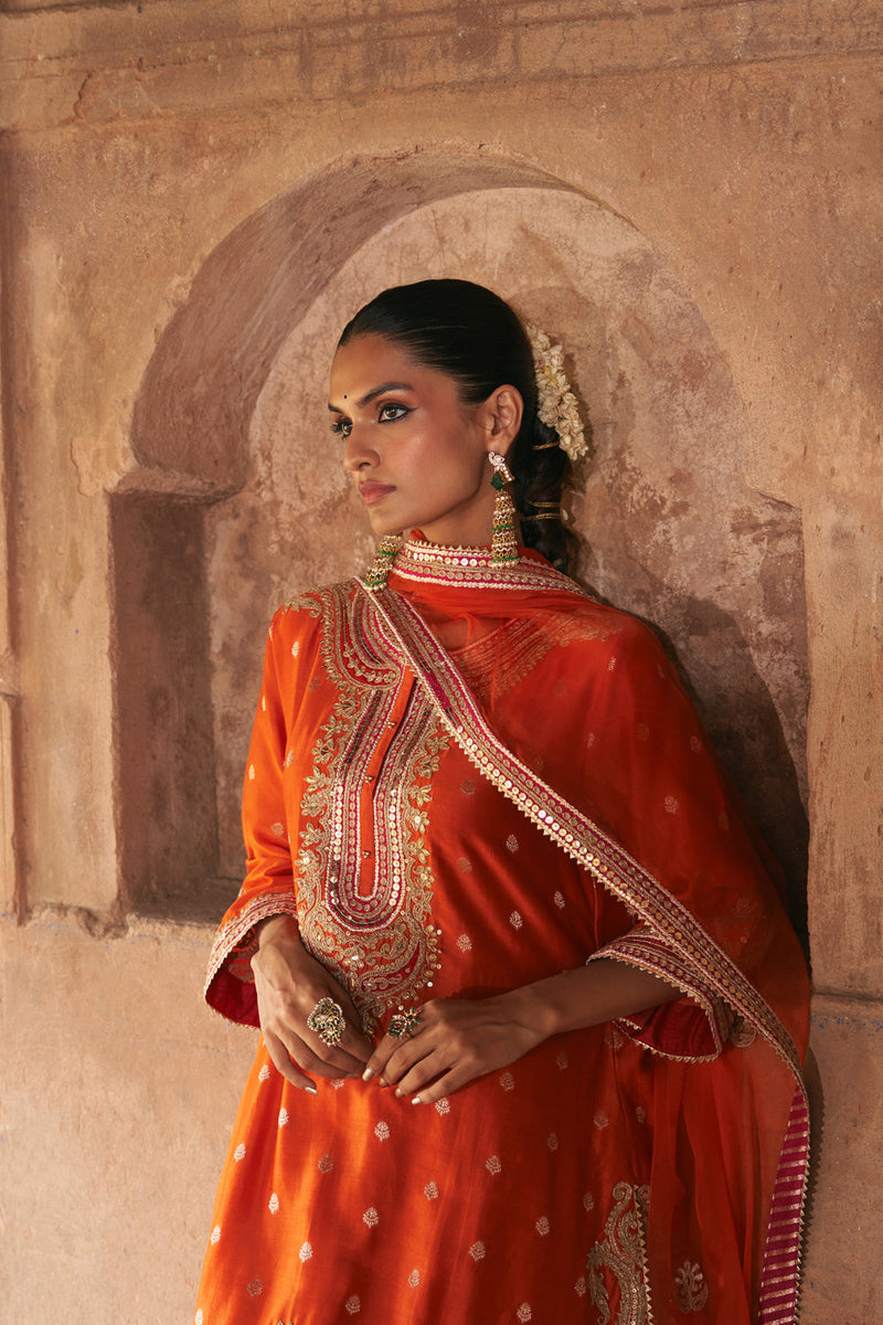 FARHANA - BURNT ORANGE SHORT KURTA WITH SALWAR AND DUPATTA chanderi silk kurta/kurta set by SHEETAL BATRA in orange for women in Singapore
