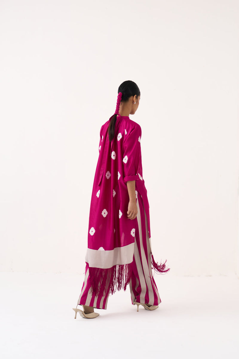Block Print Fringe Gather Neck Shirt Co-Ord-Bright Berry chanderi, poplin co-ord set by THREE in pink for women in Singapore