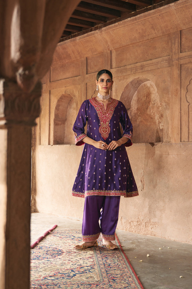 HAFSA - DEEP PURPLE CHAUGA WITH SALWAR chanderi silk kurta/kurta set by SHEETAL BATRA in purple for women in Singapore