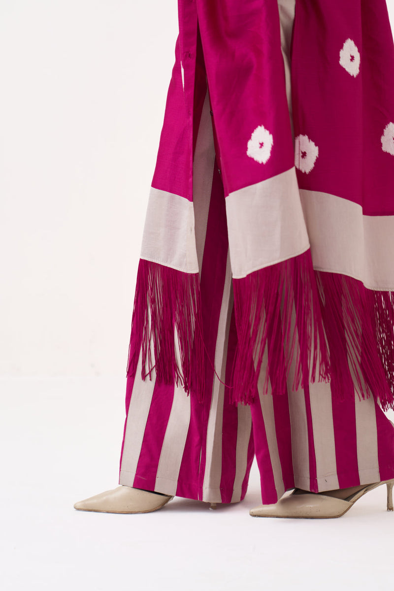 Block Print Fringe Gather Neck Shirt Co-Ord-Bright Berry chanderi, poplin co-ord set by THREE in pink for women in Singapore