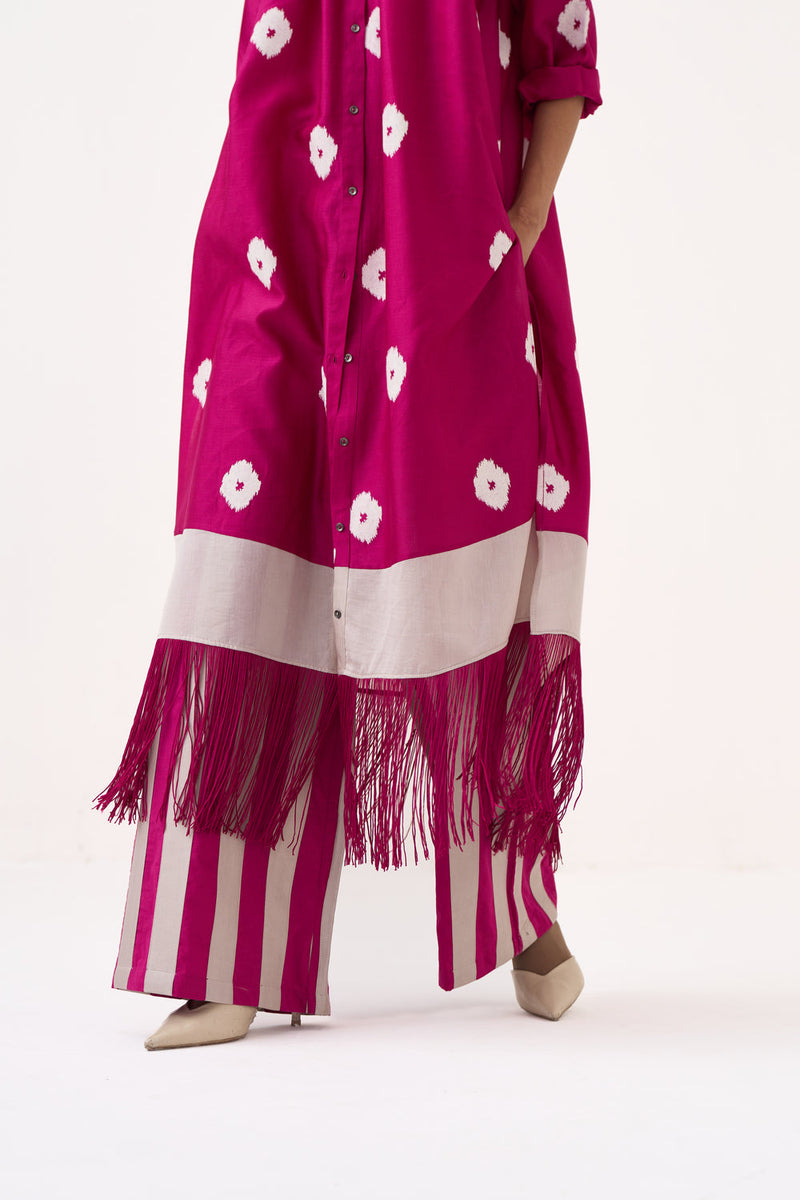 Block Print Fringe Gather Neck Shirt Co-Ord-Bright Berry chanderi, poplin co-ord set by THREE in pink for women in Singapore