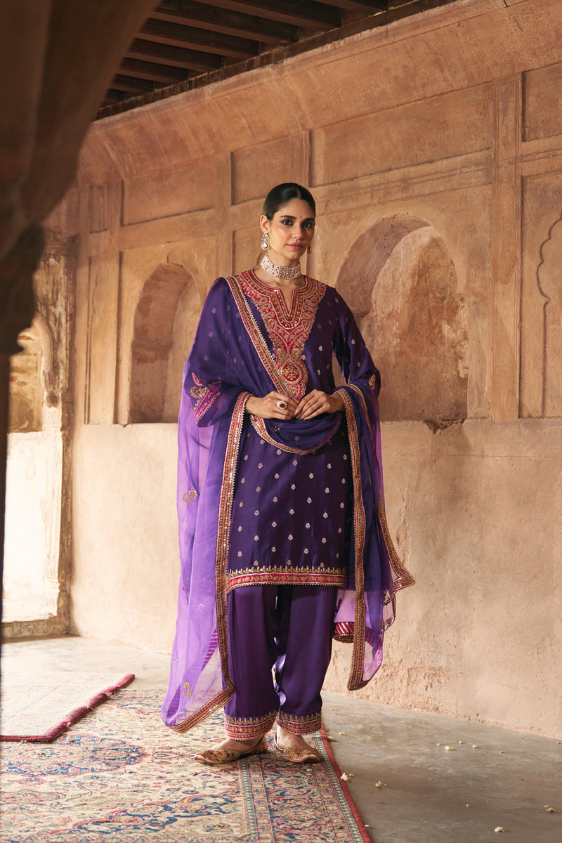 HAFSA - DEEP PURPLE CHAUGA WITH SALWAR chanderi silk kurta/kurta set by SHEETAL BATRA in purple for women in Singapore