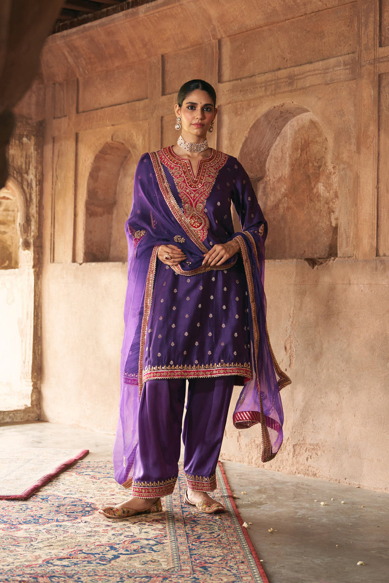 HAFSA - DEEP PURPLE CHAUGA WITH SALWAR chanderi silk kurta/kurta set by SHEETAL BATRA in purple for women in Singapore