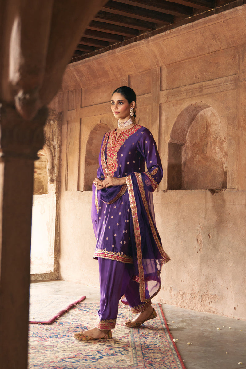 HAFSA - DEEP PURPLE CHAUGA WITH SALWAR chanderi silk kurta/kurta set by SHEETAL BATRA in purple for women in Singapore