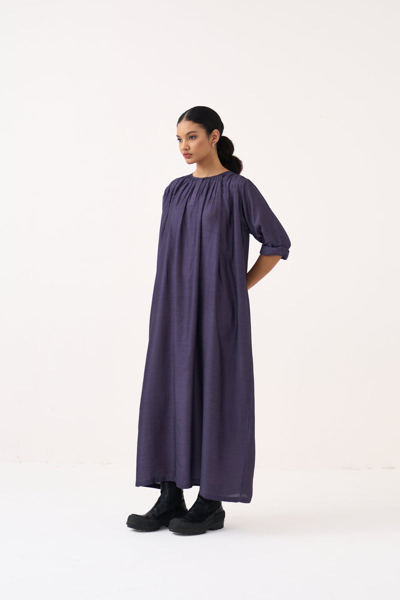 Gather Neck Dress-Ash Violet bemberg dress by THREE in voilet for women in Singapore