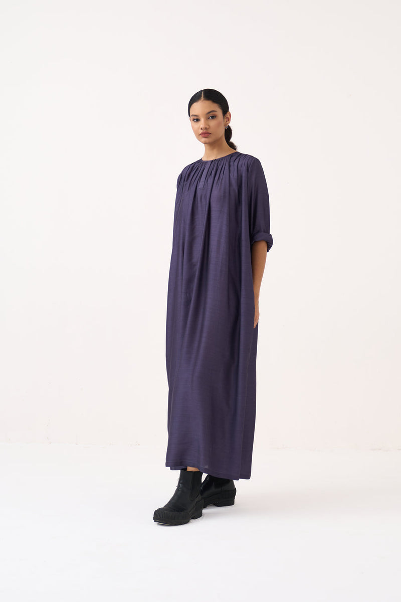 Gather Neck Dress-Ash Violet bemberg dress by THREE in voilet for women in Singapore