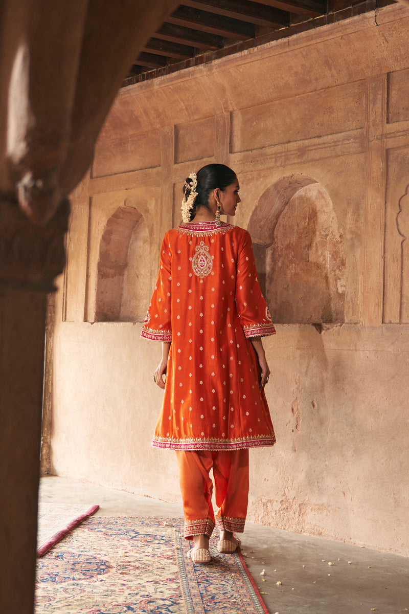 HAFSA - BURNT ORANGE CHAUGA WITH SALWAR chanderi silk kurta/kurta set by SHEETAL BATRA in orange for women in Singapore