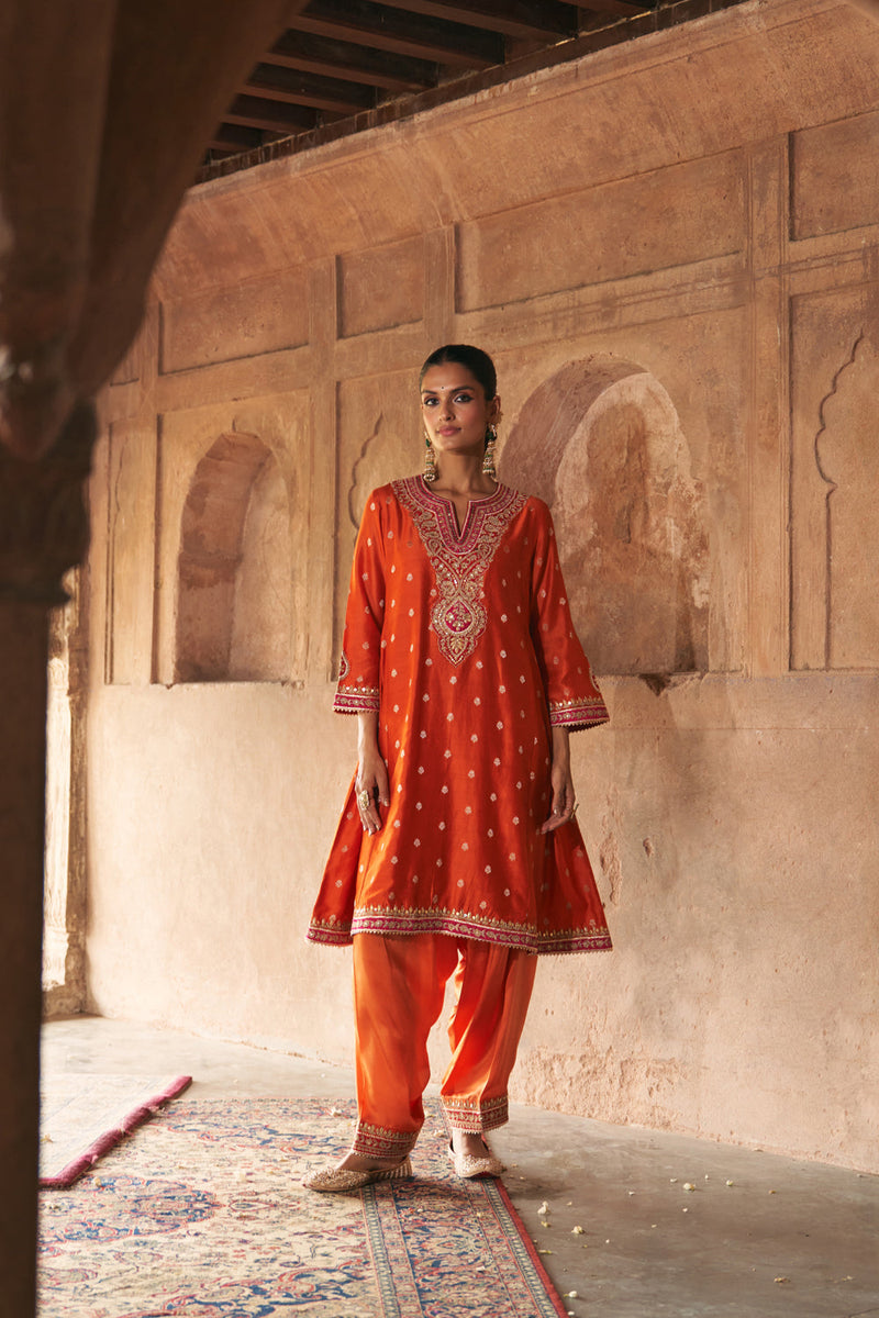 HAFSA - BURNT ORANGE CHAUGA WITH SALWAR chanderi silk kurta/kurta set by SHEETAL BATRA in orange for women in Singapore