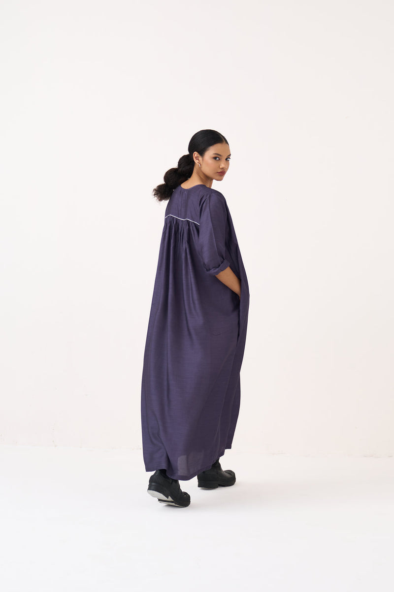 Gather Neck Dress-Ash Violet bemberg dress by THREE in voilet for women in Singapore