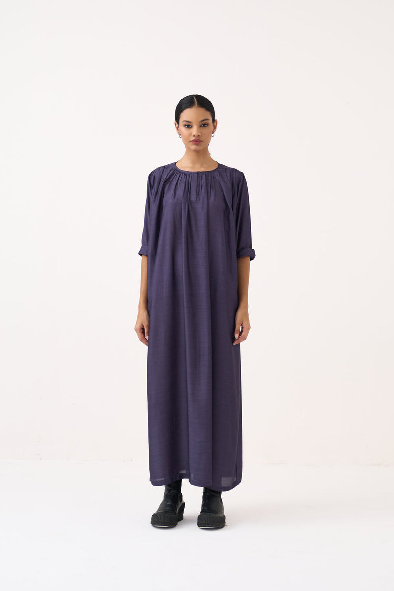 Gather Neck Dress-Ash Violet bemberg dress by THREE in voilet for women in Singapore