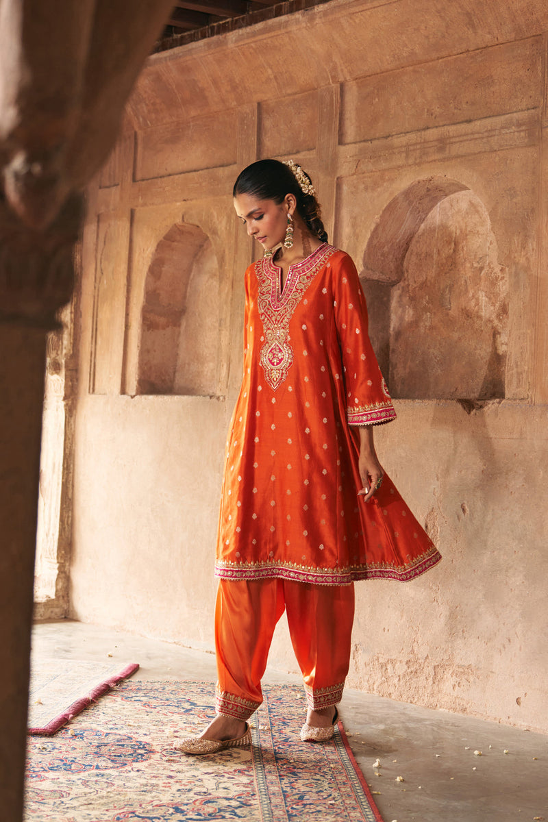 HAFSA - BURNT ORANGE CHAUGA WITH SALWAR chanderi silk kurta/kurta set by SHEETAL BATRA in orange for women in Singapore