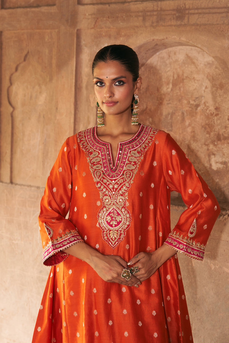 HAFSA - BURNT ORANGE CHAUGA WITH SALWAR chanderi silk kurta/kurta set by SHEETAL BATRA in orange for women in Singapore